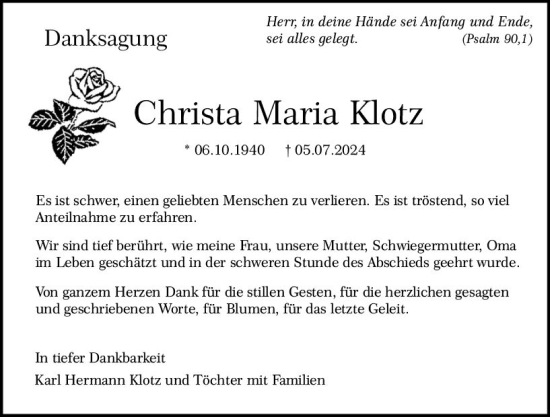 Traueranzeige von Christa Maria Klotz von Odenwälder Echo