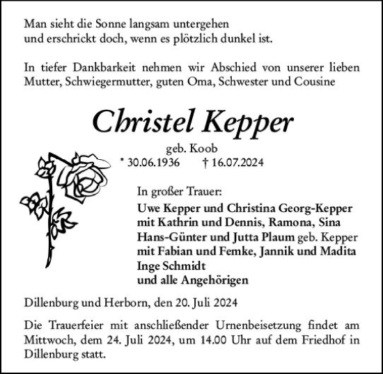 Traueranzeige von Christel Kepper von Dill Block