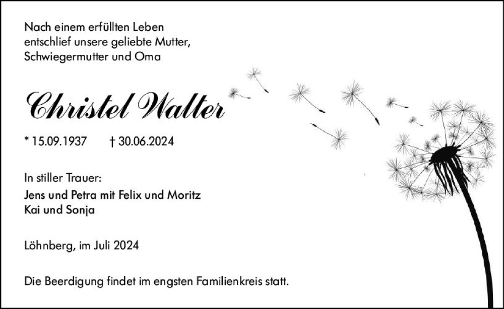  Traueranzeige für Christel Walter vom 10.07.2024 aus Weilburger Tageblatt