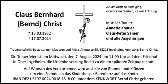 Traueranzeige von Claus Bernhard Christ von Allgemeine Zeitung Rheinhessen-Nahe