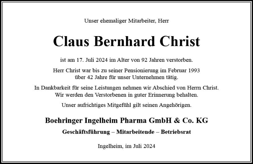  Traueranzeige für Claus Bernhard Christ vom 29.07.2024 aus Allgemeine Zeitung Rheinhessen-Nahe