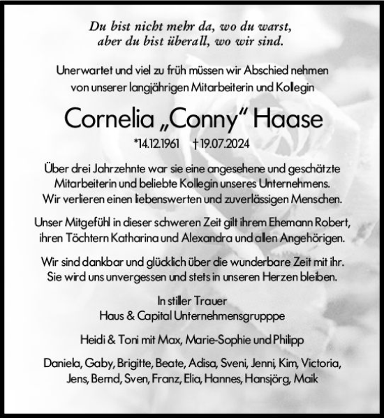 Traueranzeige von Cornelia Haase von Wiesbadener Kurier