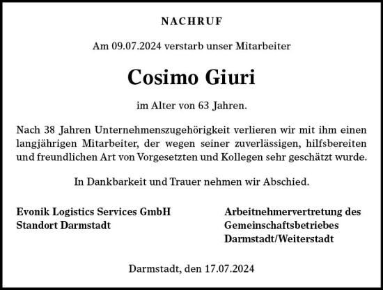 Traueranzeige von Cosimo Giuri von Darmstädter Echo
