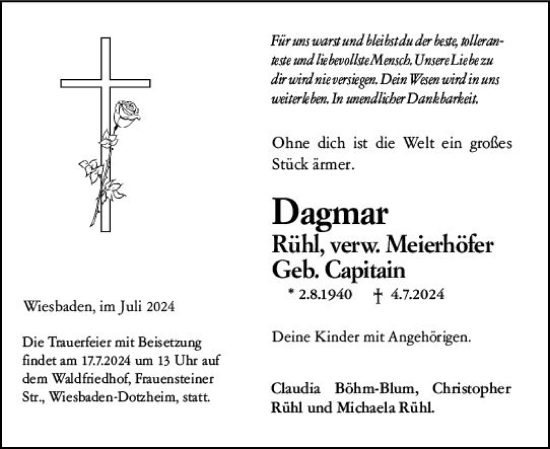 Traueranzeige von Dagmar Rühl von Wiesbadener Kurier