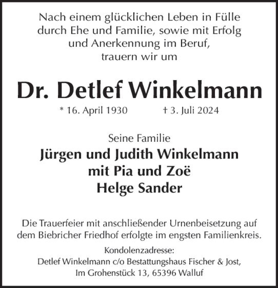  Traueranzeige für Detlef Winkelmann vom 13.07.2024 aus Wiesbadener Kurier