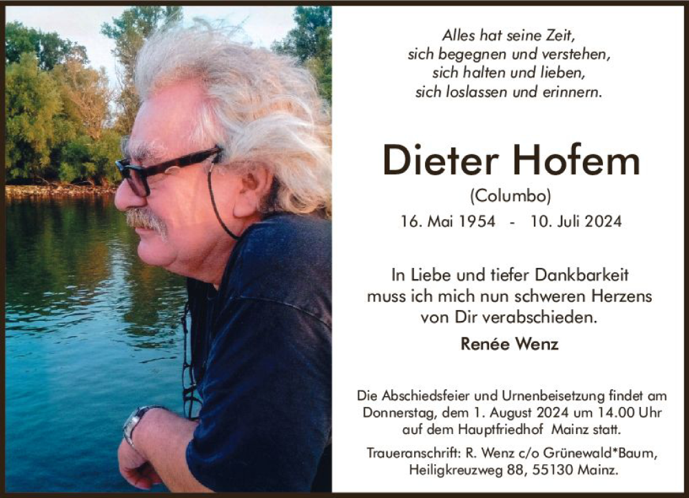  Traueranzeige für Dieter Hofem vom 27.07.2024 aus Allgemeine Zeitung Mainz