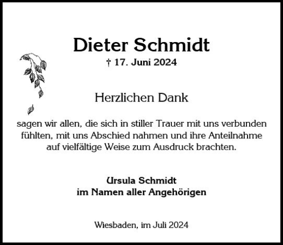 Traueranzeige von Dieter Schmidt von Wiesbadener Kurier
