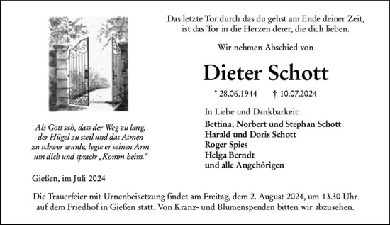 Traueranzeige von Dieter Schott von Dill Block