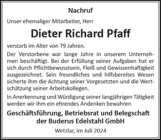 Traueranzeige von Dieter Richard Kaff von Wetzlarer Neue Zeitung