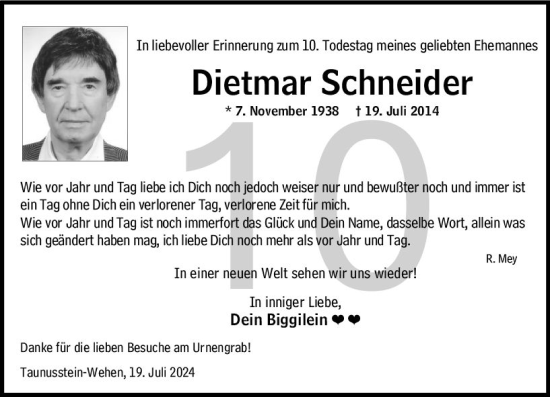 Traueranzeige von Dietmar Schneider von Wiesbadener Kurier