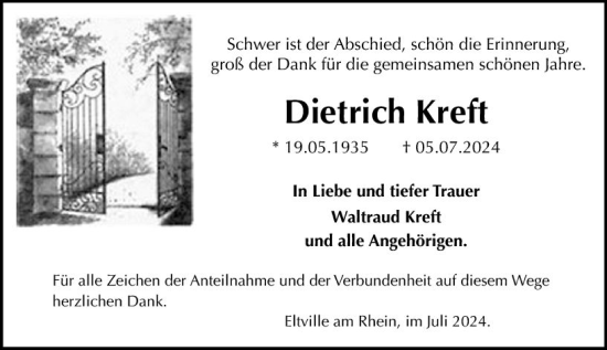 Traueranzeige von Dietrich Kreft von Rheingau Kurier