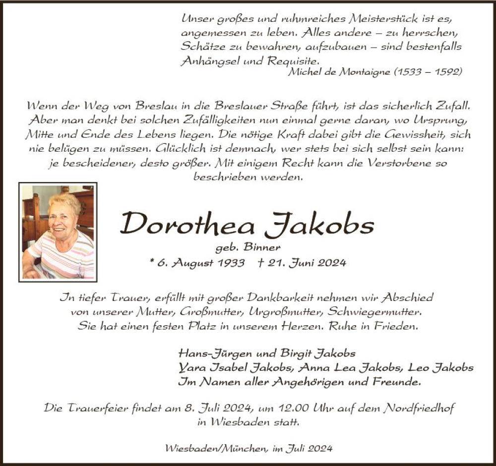  Traueranzeige für Dorothea Jakobs vom 06.07.2024 aus Wiesbadener Kurier