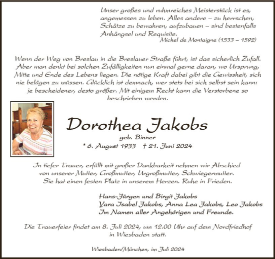 Traueranzeige von Dorothea Jakobs von Wiesbadener Kurier