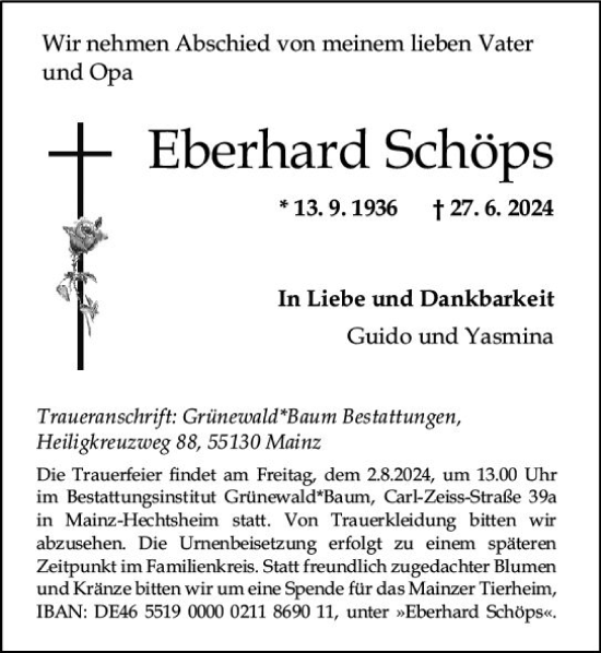 Traueranzeige von Eberhard Schöps von Allgemeine Zeitung Mainz