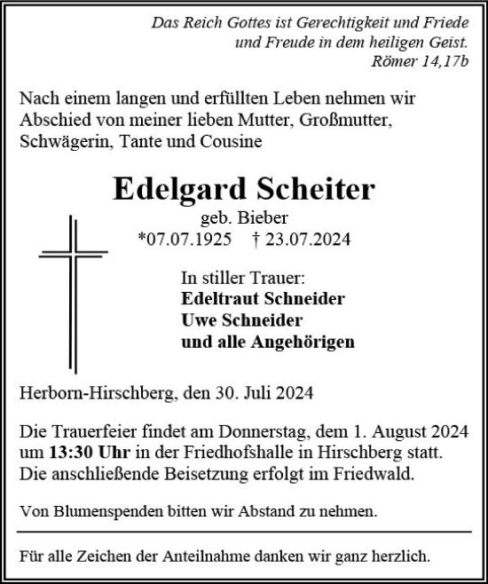 Traueranzeige von Edelgard Scheiter von Dill Block