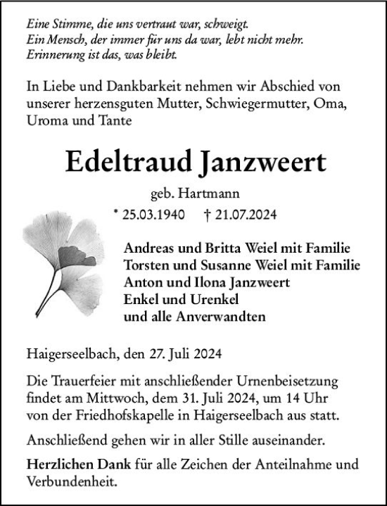 Traueranzeige von Edeltraud Janzweert von Dill Block