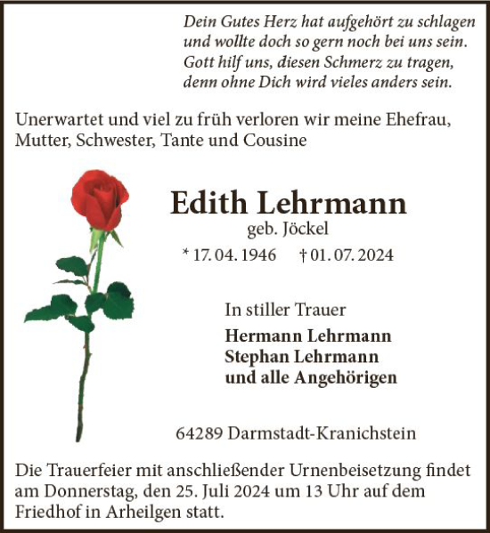 Traueranzeige von Edith Lehrmann von Darmstädter Echo