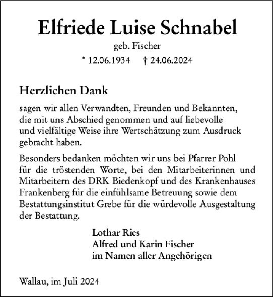  Traueranzeige für Elfriede  Schnabel vom 06.07.2024 aus Hinterländer Anzeiger