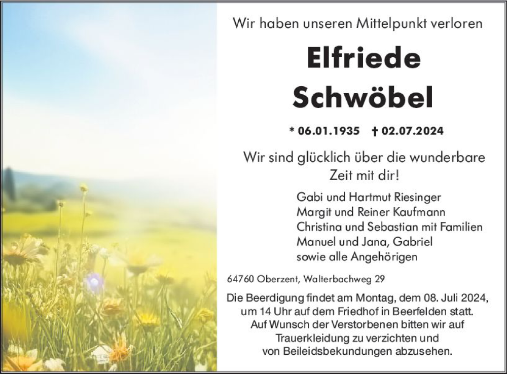 Traueranzeige für Elfriede Schwöbel vom 06.07.2024 aus Odenwälder Echo