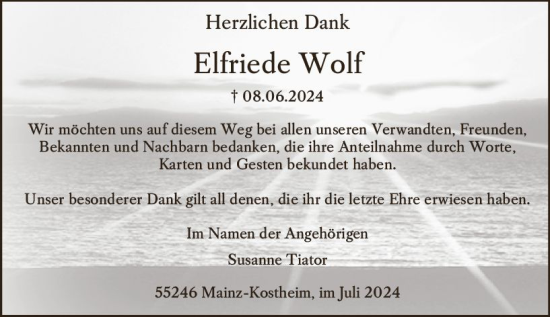 Traueranzeige von Elfriede Wolf von Allgemeine Zeitung Mainz