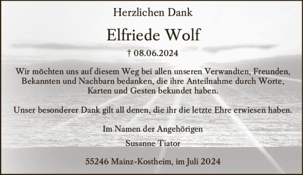  Traueranzeige für Elfriede Wolf vom 06.07.2024 aus Allgemeine Zeitung Mainz