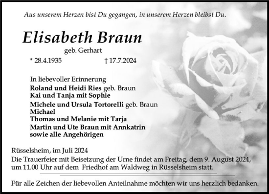 Traueranzeige von Elisabeth Braun von Rüsselsheimer Echo