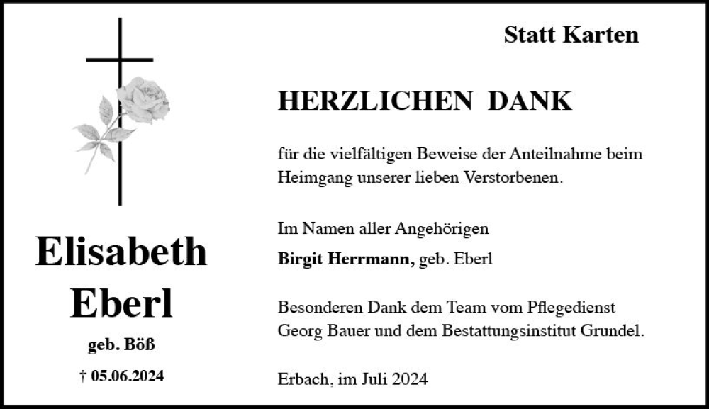  Traueranzeige für Elisabeth Eberl vom 06.07.2024 aus Rheingau Kurier