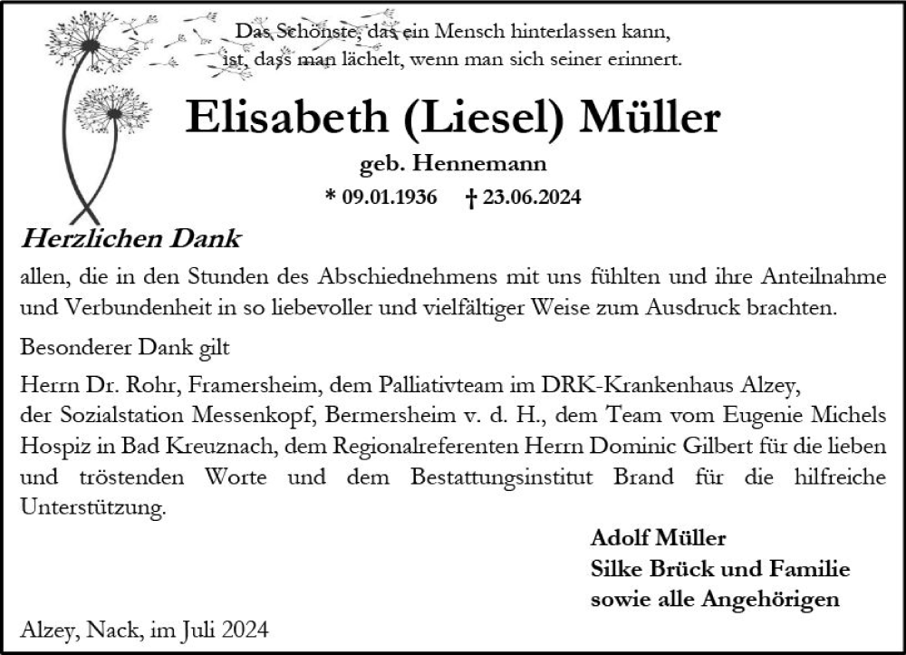  Traueranzeige für Elisabeth Müller vom 20.07.2024 aus Allgemeine Zeitung Alzey