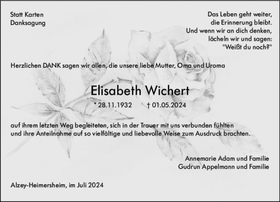 Traueranzeige von Elisabeth Wichert von Allgemeine Zeitung Alzey