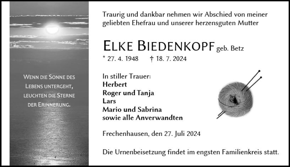  Traueranzeige für Elke Biedenkopf vom 27.07.2024 aus Hinterländer Anzeiger
