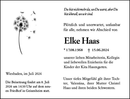 Traueranzeige von Elke Haas von Wiesbadener Kurier
