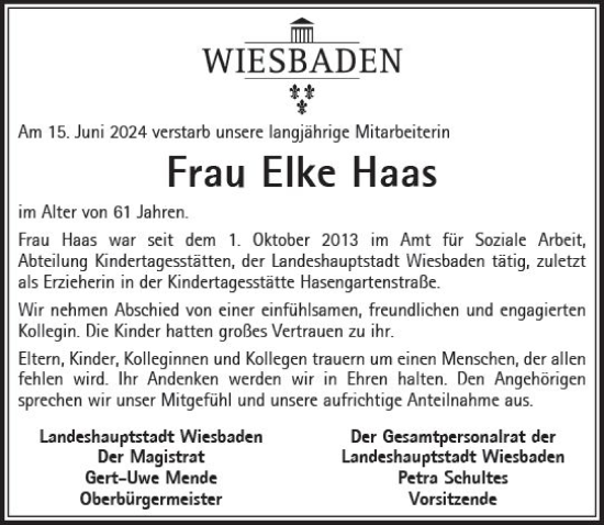 Traueranzeige von Elke Haas von Wiesbadener Kurier