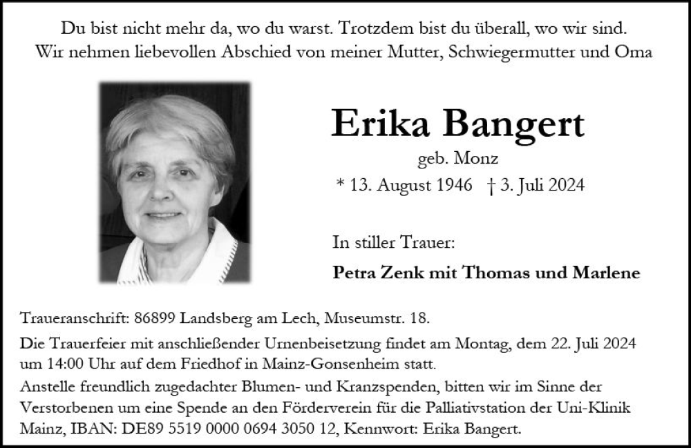  Traueranzeige für Erika Bangert vom 20.07.2024 aus Allgemeine Zeitung Mainz