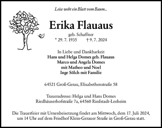 Traueranzeige von Erika Flauaus von Groß-Gerauer Echo