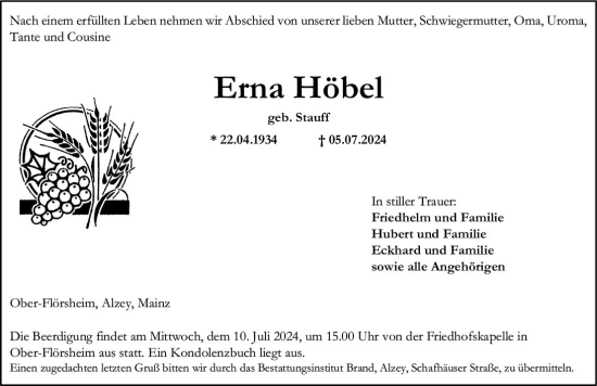 Traueranzeige von Erna Höbel von Allgemeine Zeitung Alzey