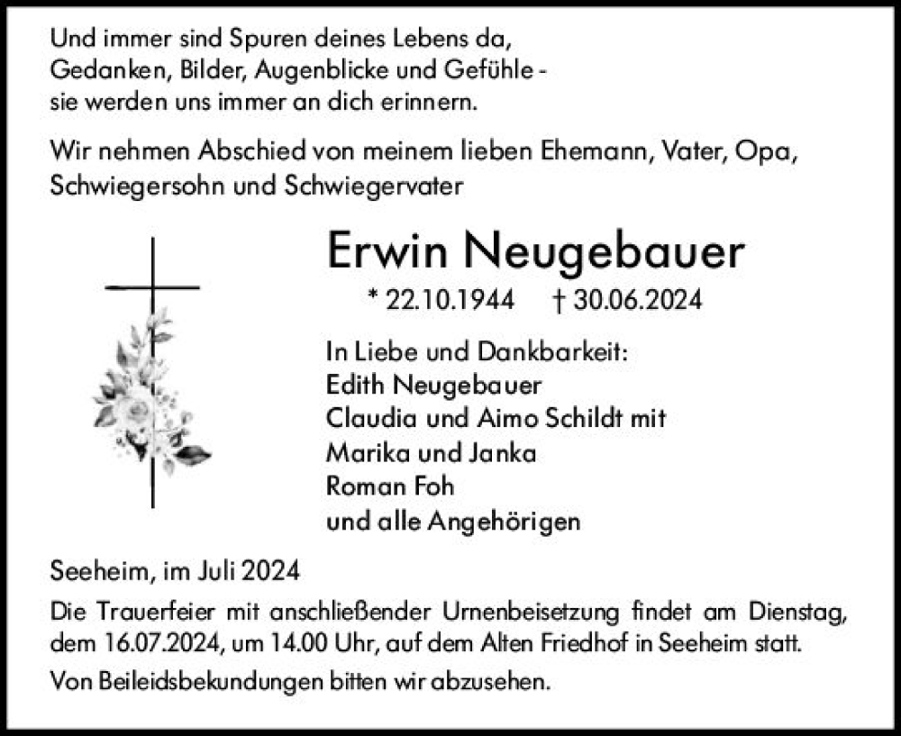  Traueranzeige für Erwin Neugebauer vom 13.07.2024 aus Darmstädter Echo
