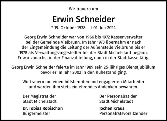 Traueranzeige von Erwin Schneider von Odenwälder Echo