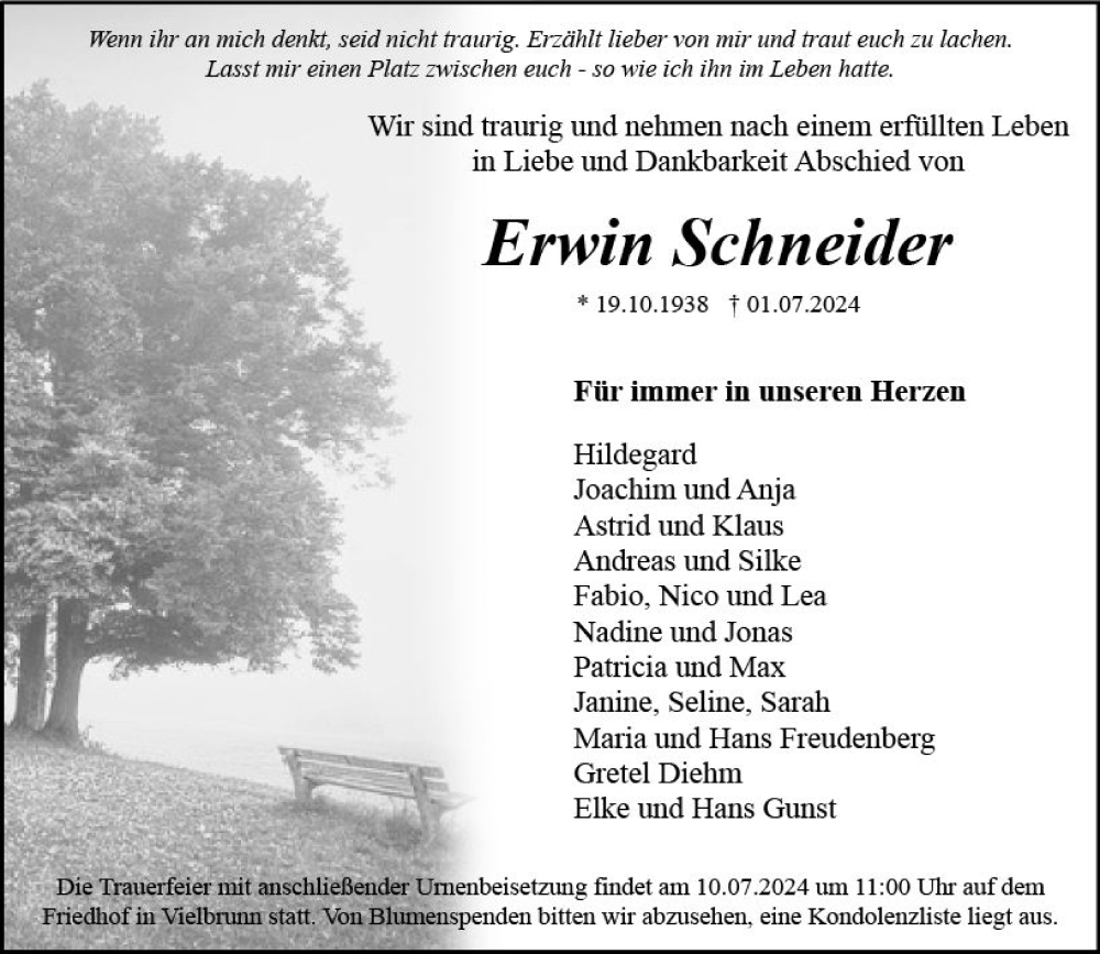  Traueranzeige für Erwin Schneider vom 06.07.2024 aus Odenwälder Echo