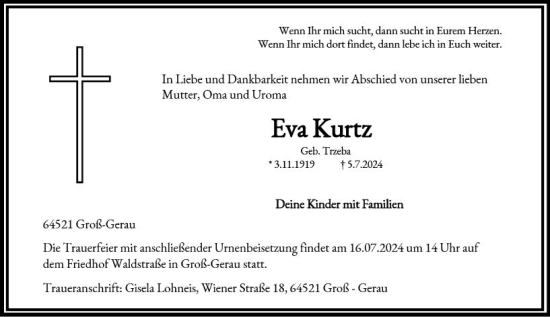 Traueranzeige von Eva Kurtz von Groß-Gerauer Echo
