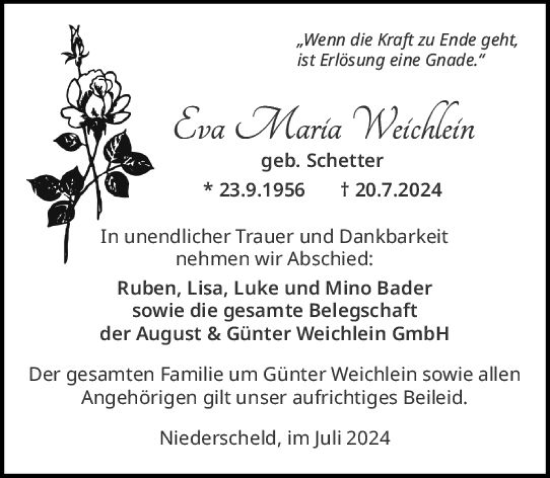Traueranzeige von Eva Maria Weichlein von Dill Block