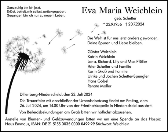 Traueranzeige von Eva Maria Weichlein von Dill Block