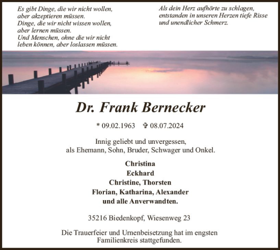 Traueranzeige von Frank Bernecker von Hinterländer Anzeiger