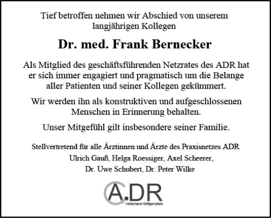 Traueranzeige von Frank Bernecker von Hinterländer Anzeiger