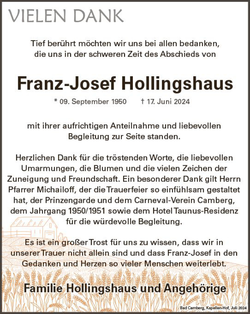  Traueranzeige für Franz-Josef Hollingshaus vom 04.07.2024 aus Camberger Anzeiger
