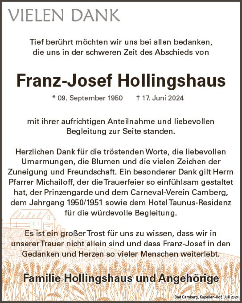 Traueranzeige für Franz-Josef Hollingshaus vom 06.07.2024 aus Nassauische Neue Presse
