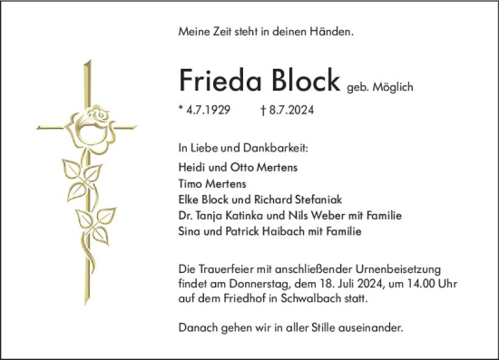 Traueranzeige von Frieda Block von Wetzlarer Neue Zeitung