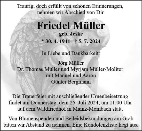 Traueranzeige von Friedel Müller von Allgemeine Zeitung Mainz
