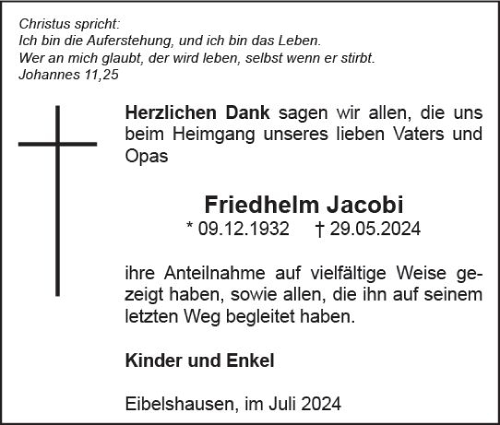  Traueranzeige für Friedhelm Jacobi vom 20.07.2024 aus Dill Block
