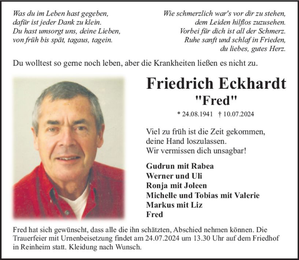  Traueranzeige für Friedrich Eckhardt vom 20.07.2024 aus Odenwälder Echo