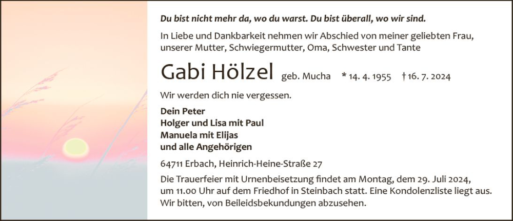  Traueranzeige für Gabriele Hölzel vom 20.07.2024 aus Odenwälder Echo
